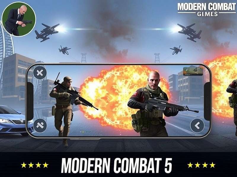 Modern Combat 5 PC vs Mobile comparison banner showing both platforms side by side