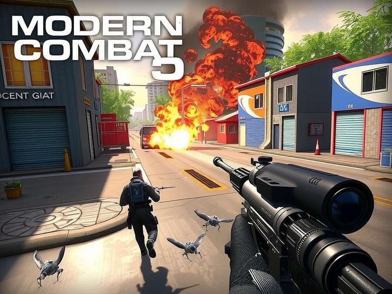 Modern Combat 5 Gameplay – Elite operators engaged in a fierce firefight on the Blackout map with stunning visuals and tactical class-based action.